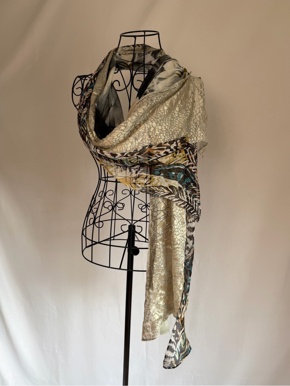 Chico's Neutral Patterned Decorative Scarf Wrap with Teal Accents